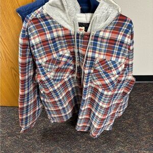 Wrangler Red and Blue Plaid Jacket with Gray Hood